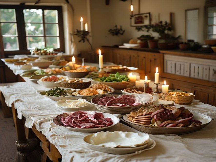Aufgebautes Buffet im Vereinsheim.