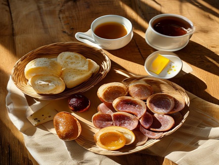 Frühstücks-Tisch von oben mit Brötchen, Wurst und Kaffee.